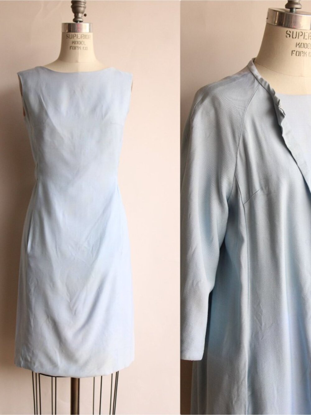 Vintage 1960s Dress with Pockets, Emma Domb Pale Blue,  Matching Jacket and Bow